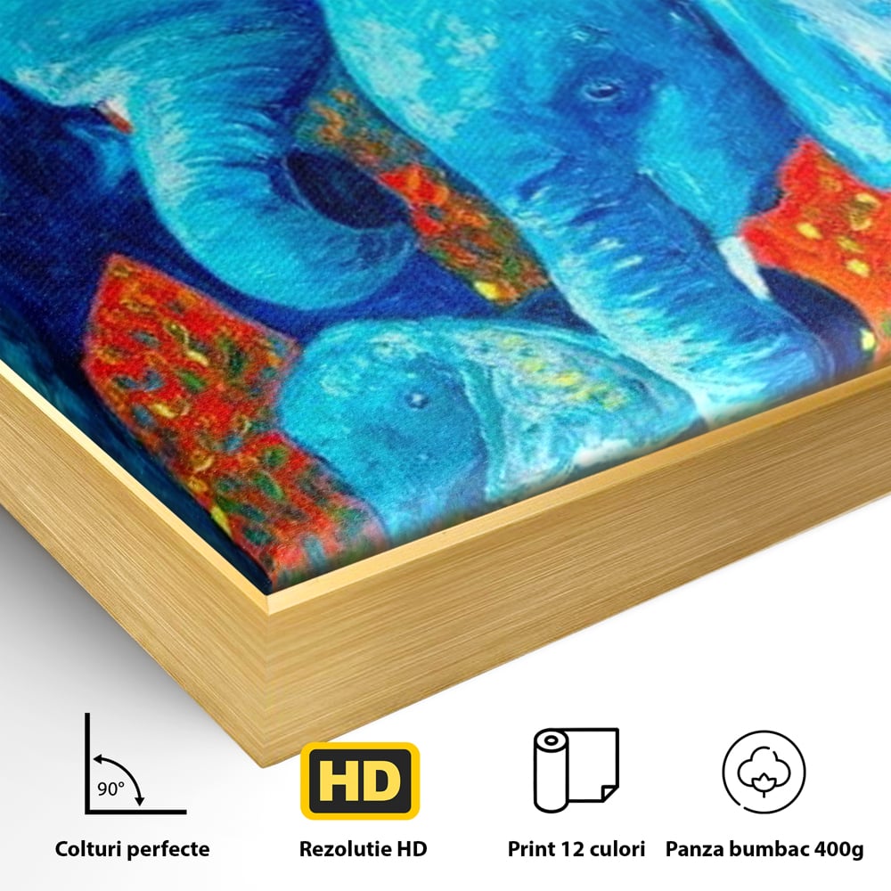 Detaliu al suprafetei: pictura canvas cu familie de elefanti, in rama de aluminiu auriu